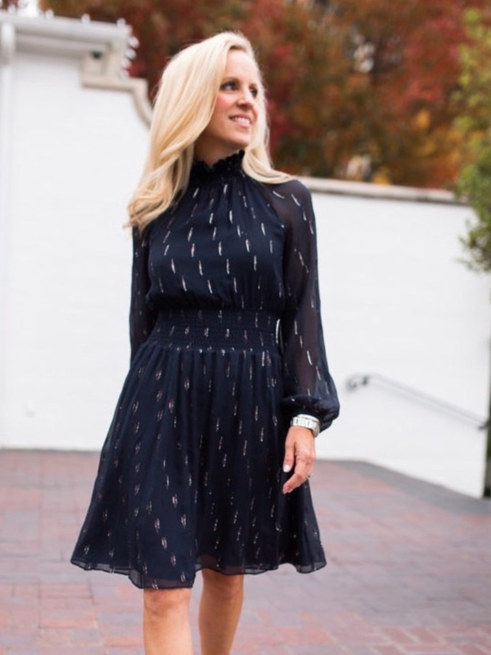 Rebecca Taylor Elegant Silk Navy Mini Dress w/Metallic Thread & Sheer sleeves